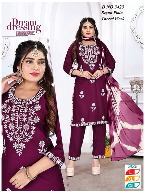 Rayon Plain Embroidered A-Line Kurta Set with Dupatta